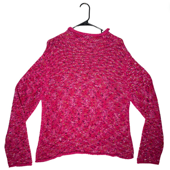 Rainbow Knit Pink Sweater Large Colourful Chunky Roll Neck Jumper Hippie Boho - Picture 1 of 13